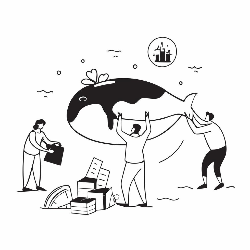Volunteers rescuing a stranded whale concept as High resolution image of volunteers rescuing a stranded whale with a glossy backdrop showcasing human efforts to support marine life v1 vector