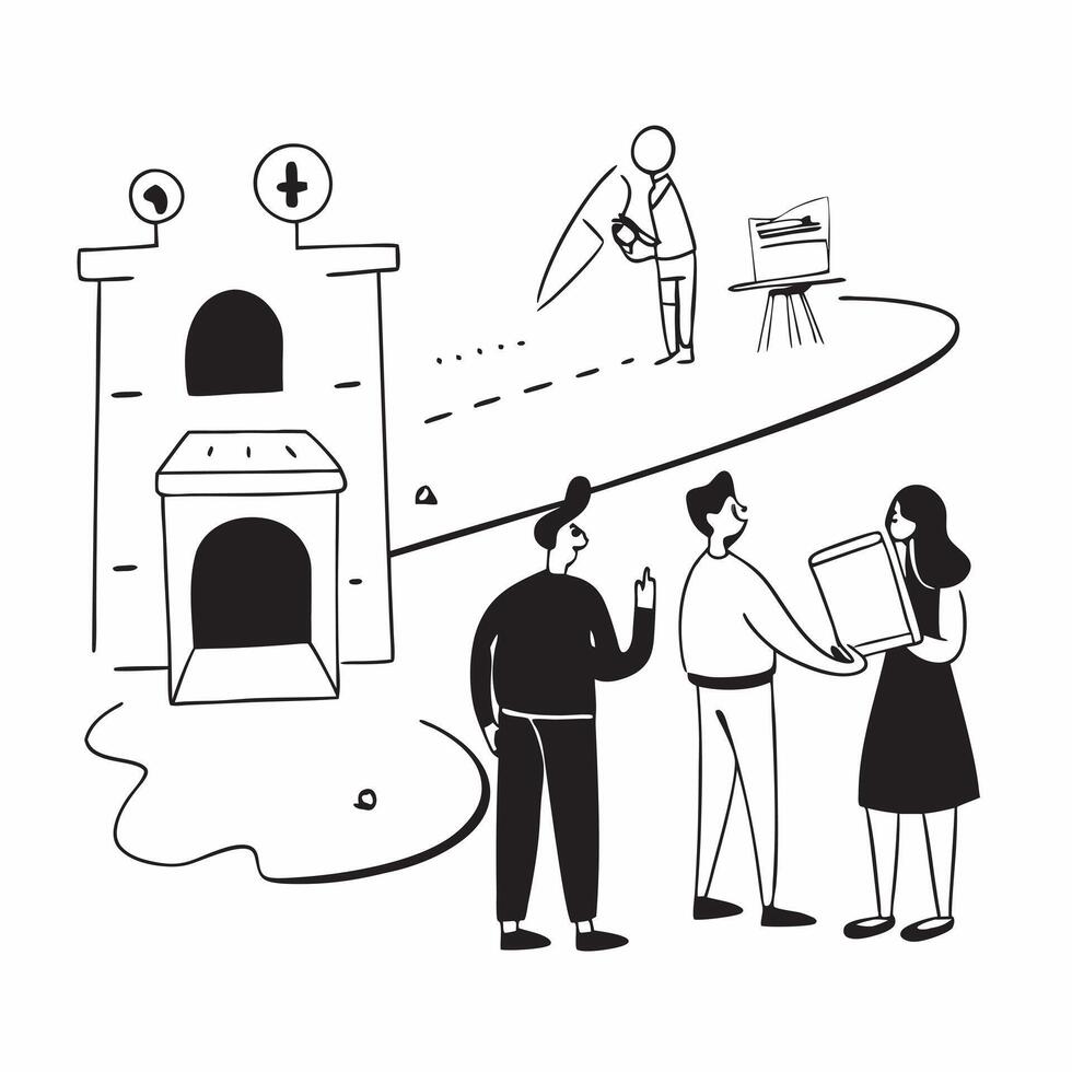 Visiting a historical museum concept as Tourists visiting a historical museum learning about the past and exploring exhibits Perfect for content about travel history and cultural v1 vector