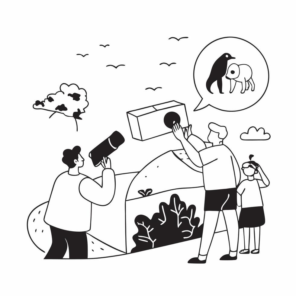 Visiting a wildlife sanctuary concept as Tourists visiting a wildlife sanctuary observing animals in their natural habitat and learning about conservation efforts Ideal for conten v1 vector