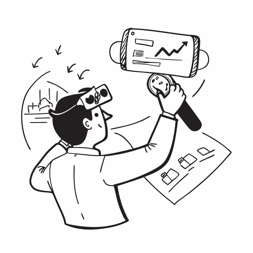 Trader using virtual reality for market analysis concept as A trader using virtual reality technology to analyze market trends showcasing innovation and advanced tools in modern tr v1 vector