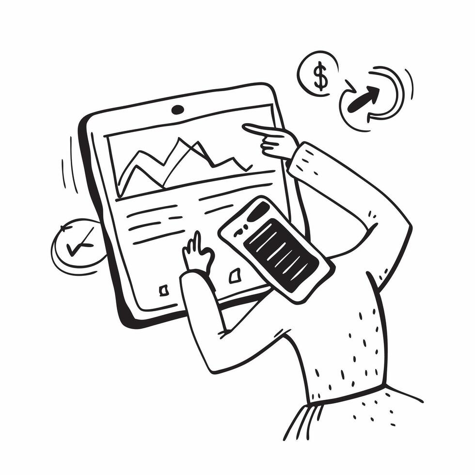 Trader studying financial news on a tablet concept as A trader studying the latest financial news on a tablet emphasizing the importance of staying informed and adapting to market v1 vector