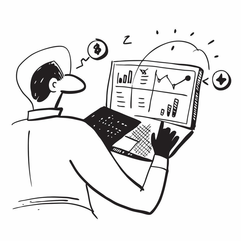 Trader reviewing market data on a laptop while traveling concept as A trader reviewing market data on a laptop while traveling showcasing the flexibility and mobility of modern tra v1 vector