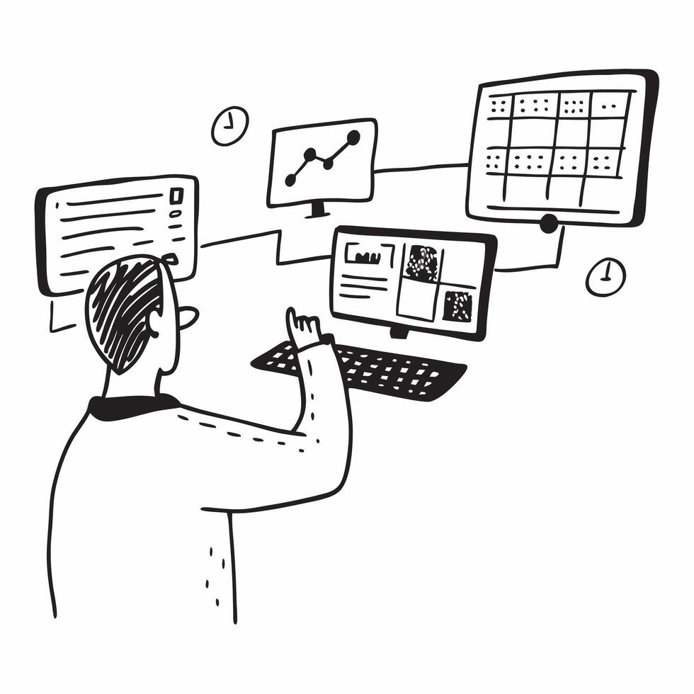 Trader monitoring multiple screens in a high tech office concept as A trader monitoring multiple screens in a high tech office environment emphasizing the advanced technology and r v1 vector