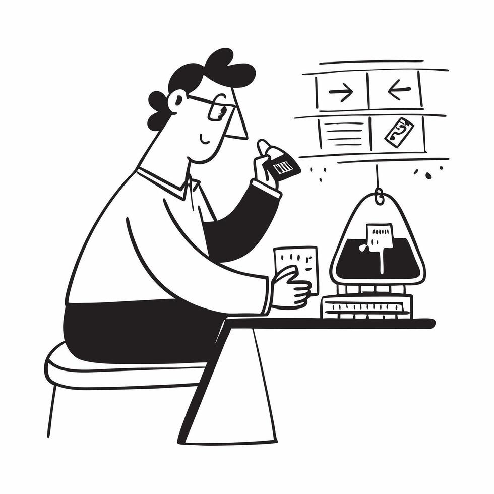 Trader enjoying a coffee break while monitoring the market concept as A trader enjoying a coffee break while keeping an eye on the market showcasing the balance between work and re v1 vector