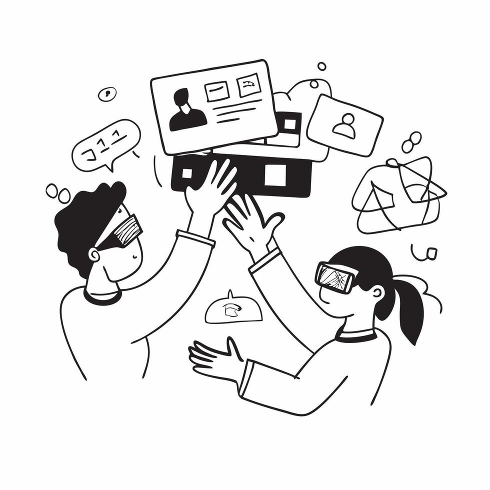 Team collaborating on virtual reality project concept as A diverse team collaborating on a virtual reality project using VR headsets showcasing teamwork and digital transformation v1 vector
