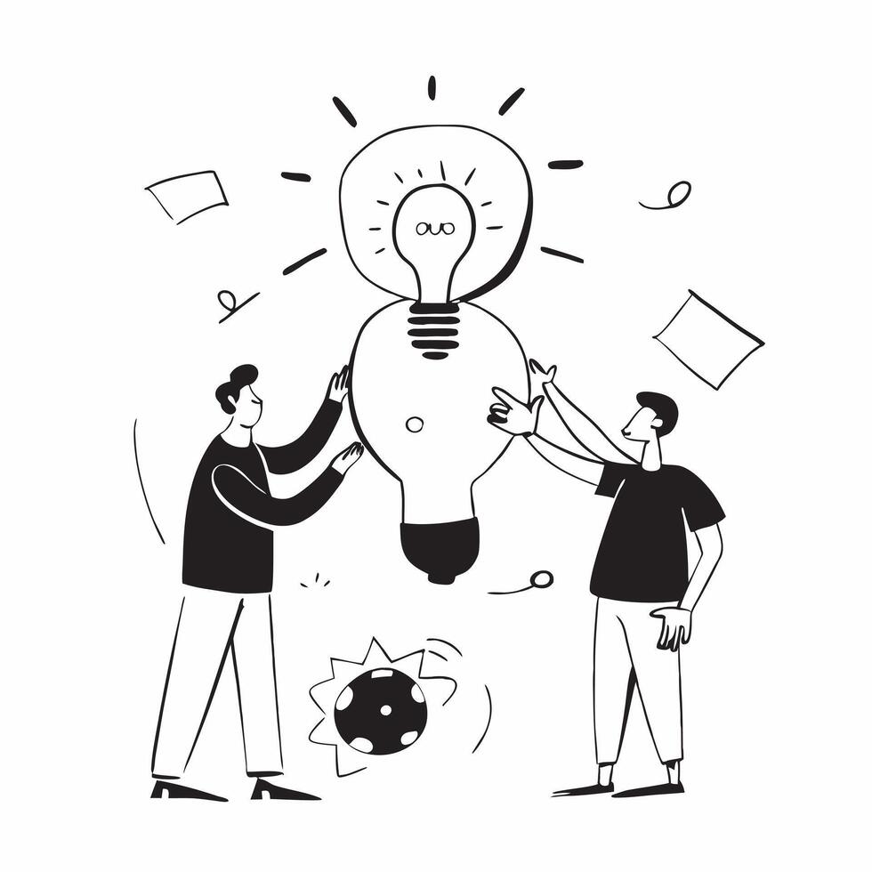 Team brainstorming with light bulb concept as A team of colleagues brainstorming with a glowing light bulb in the center representing collaborative new ideas for work in Photo Sto v1 vector