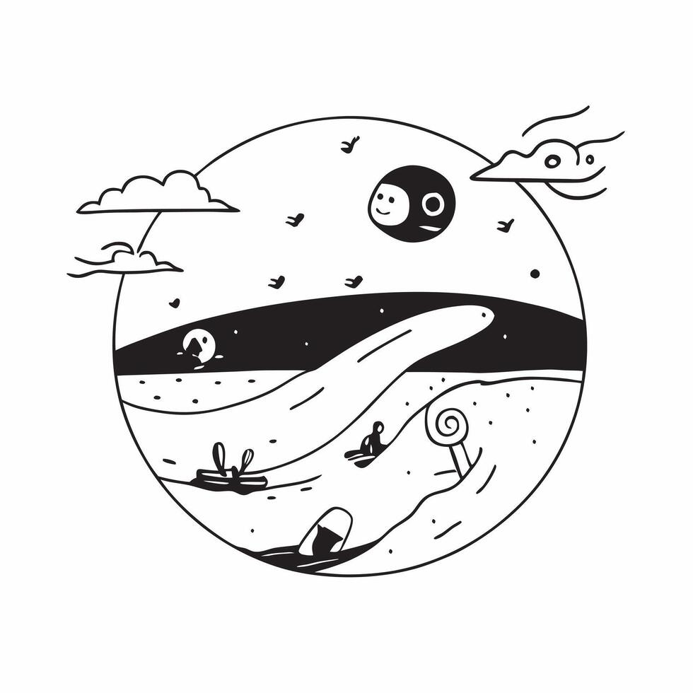Surfing on the coast concept as Surfers riding the waves on a sunny coastal beach enjoying the thrill of the ocean Perfect for content about travel sports and beach vacations in v1 vector