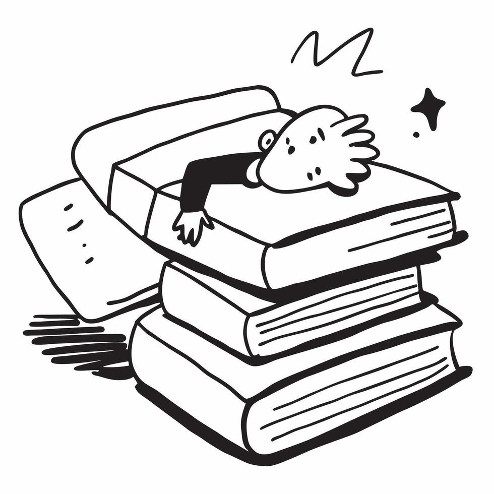 Student asleep on textbooks concept as A student asleep on a pile of textbooks in a library depicting the exhaustion and effort involved in studying and preparing for exams in Pho v1 vector
