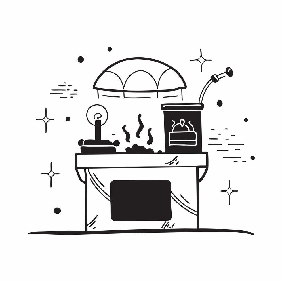 Street food grill station concept as High resolution image of a street food grill station with sizzling food and a glossy backdrop capturing the essence and aroma of street food to v1 vector