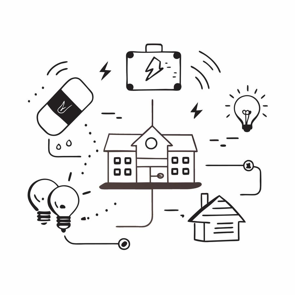 Smart grid integrated homes concept as Smart grid integrated homes using renewable energy sources highlighting the future of energy efficient and sustainable living in Photo Stock v1 vector