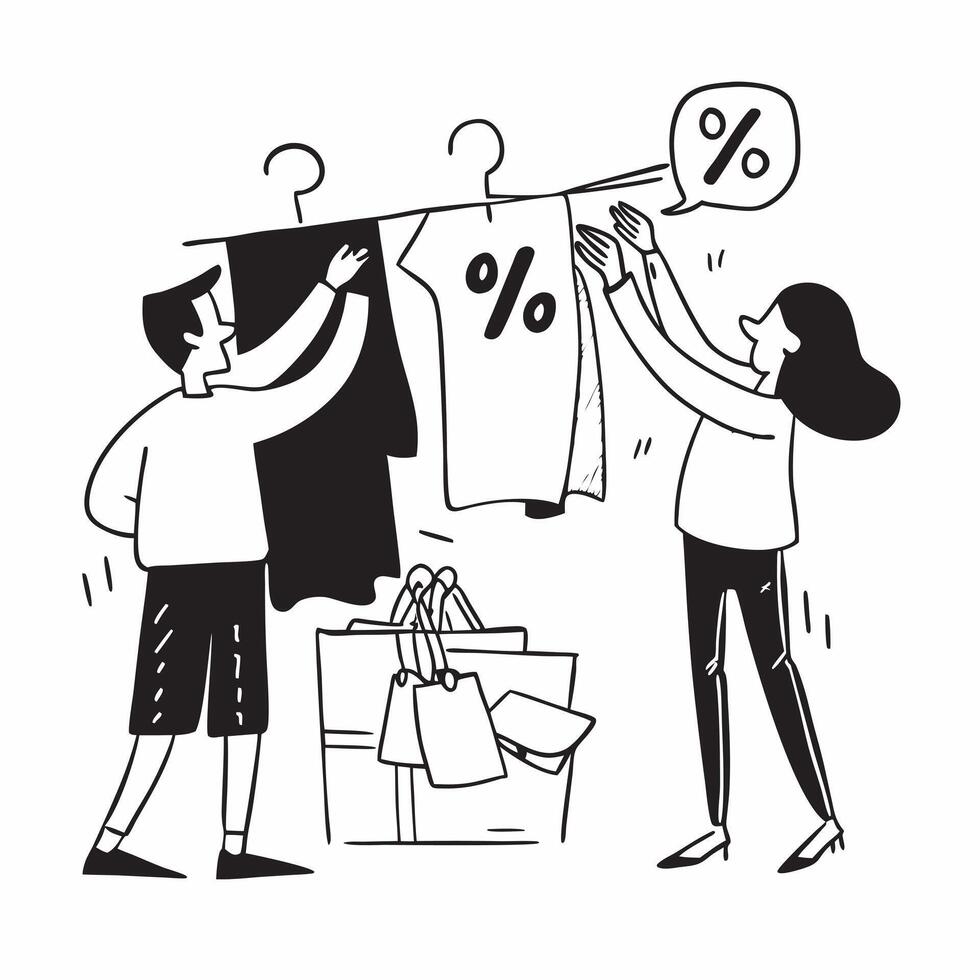 Shoppers eagerly browsing half year sale racks concept as Shoppers eagerly browsing through racks of discounted clothing during a half year sale showcasing excitement and the thril v1 vector