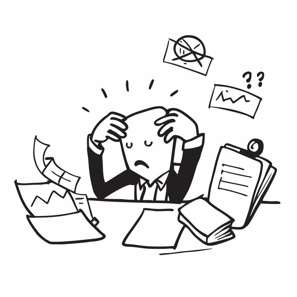 Salesperson overwhelmed with paperwork concept as A salesperson overwhelmed with paperwork highlighting poor time management and low performance affecting sales growth in Photo St v1 vector