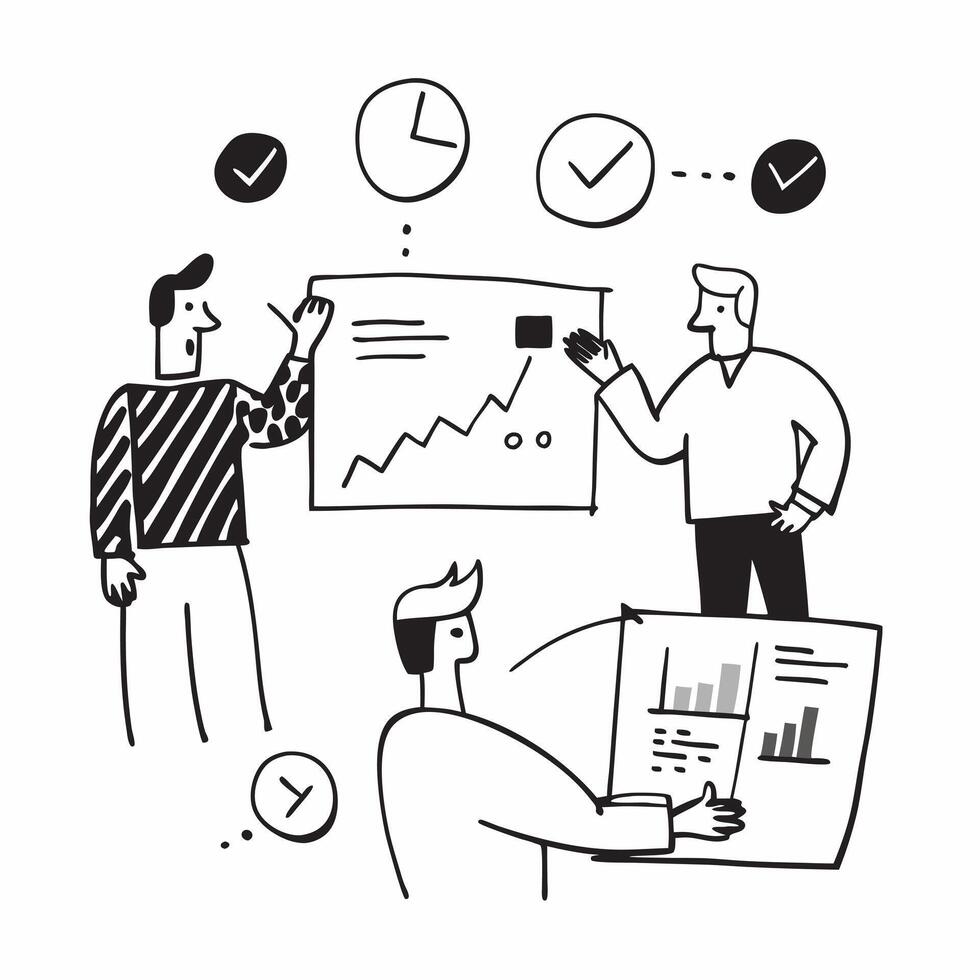 Sales team discussing quarterly reports concept as A sales team discussing quarterly reports illustrating effective time management data analysis and high performance in achieving v1 vector