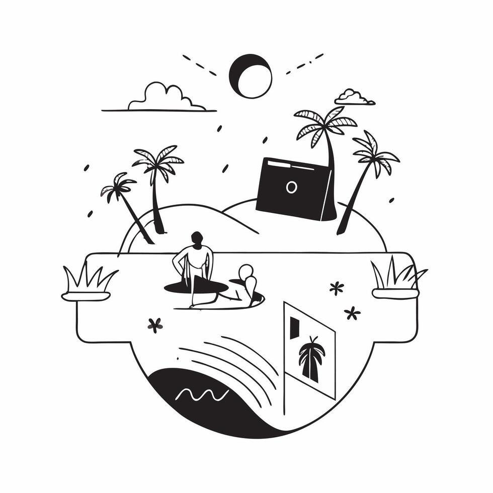 Relaxing on a tropical island concept as Tourists relaxing on a pristine tropical island enjoying the beach palm trees and clear waters Perfect for content about travel relaxation v1 vector