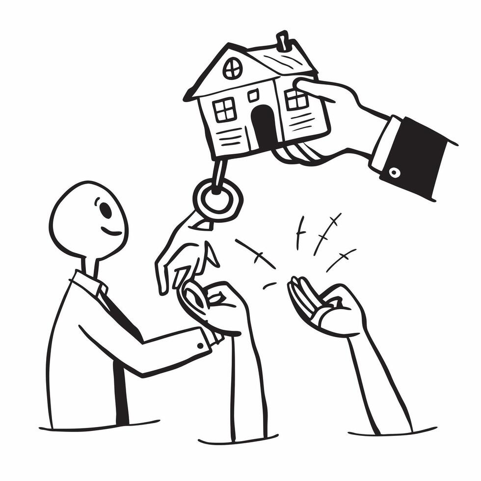 Real estate agent handing keys to buyers concept as A real estate agent handing the keys to buyers symbolizing the successful purchase and transition into a new home for sale in P v1 vector