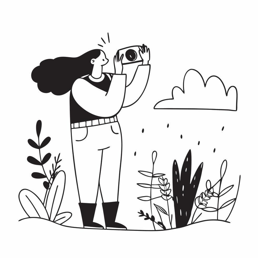 Photography in nature concept as A woman taking photographs in nature capturing the beauty of the outdoors and the passion for this creative hobby in Photo Stock Concept v1 vector