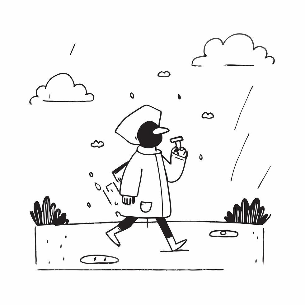 Person with raincoat and umbrella concept as High resolution image of a person wearing a raincoat and holding an umbrella walking through a park during a rain shower with a glossy v1 vector