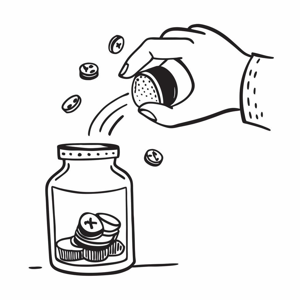 Person inserting a coin into a glass jar labeled Savings concept as A person inserting a coin into a glass jar labeled Savings symbolizing personal finance management cost saving h v1 vector