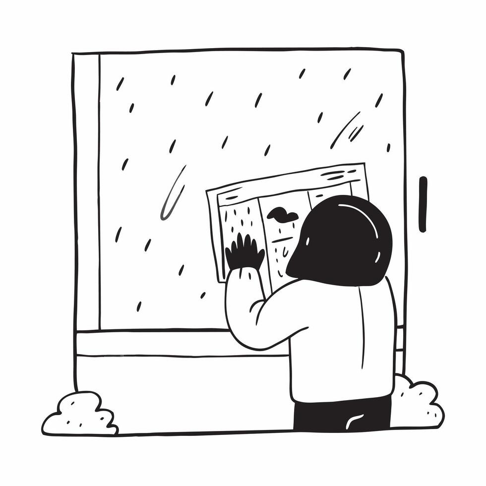 Person looking through rainy window concept as High resolution image of a person looking through a rainy window with a glossy backdrop evoking introspection and calmness during the v1 vector