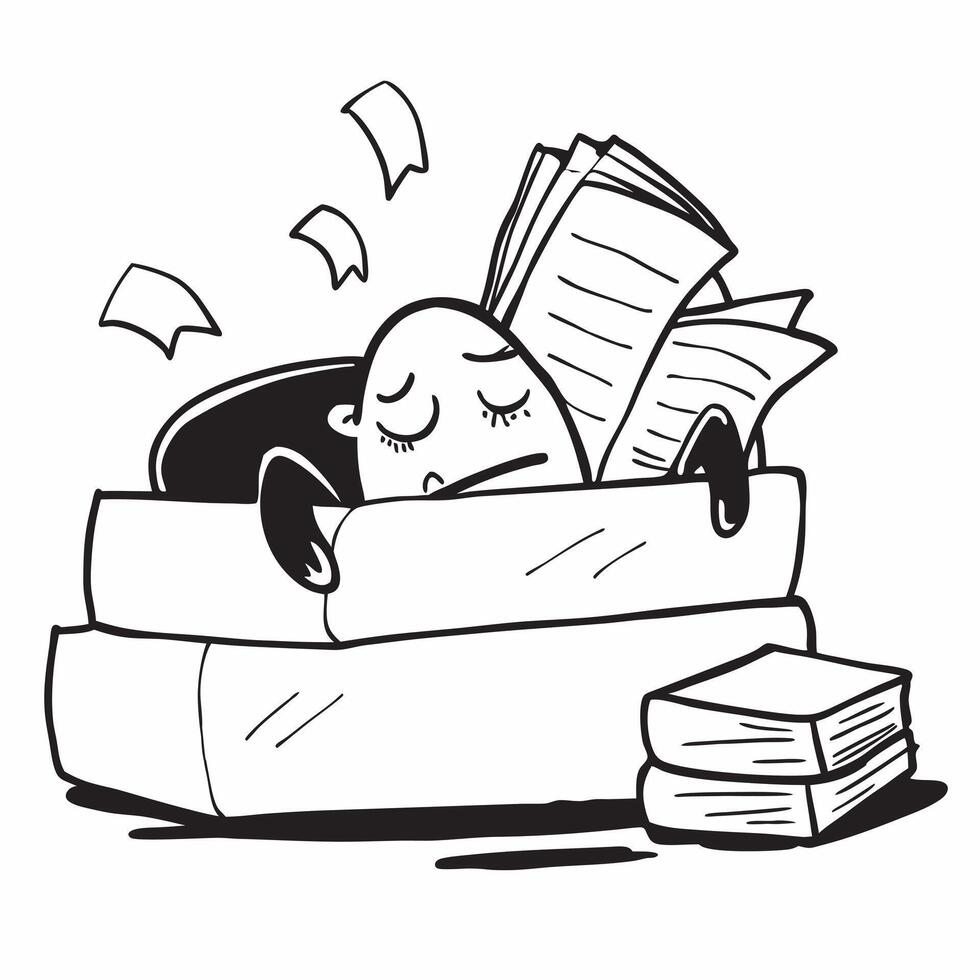 Marketing manager asleep on proposals concept as A marketing manager asleep on a pile of proposals in their office highlighting the effort and long hours required in developing mar v1 vector