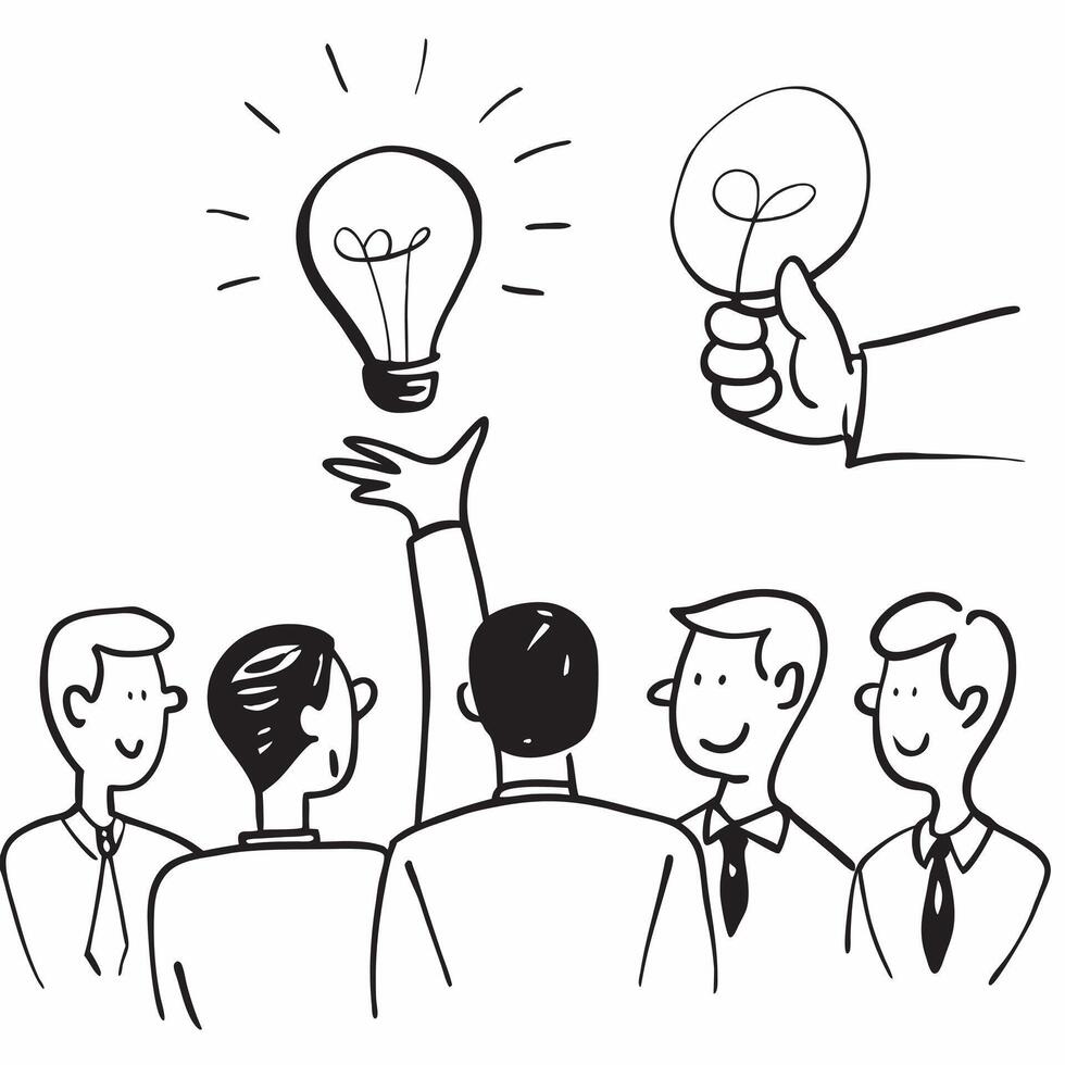 Manager presenting light bulb idea concept as A manager presenting a glowing light bulb during a meeting symbolizing the introduction of a new idea for work in Photo Stock Concept v1 vector