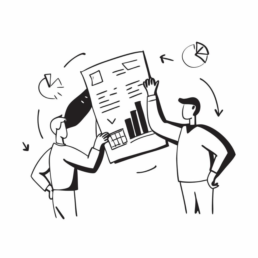Joint venture partners reviewing financials concept as Joint venture partners reviewing financial documents symbolizing high performance data analysis and strategic planning for bu v1 vector