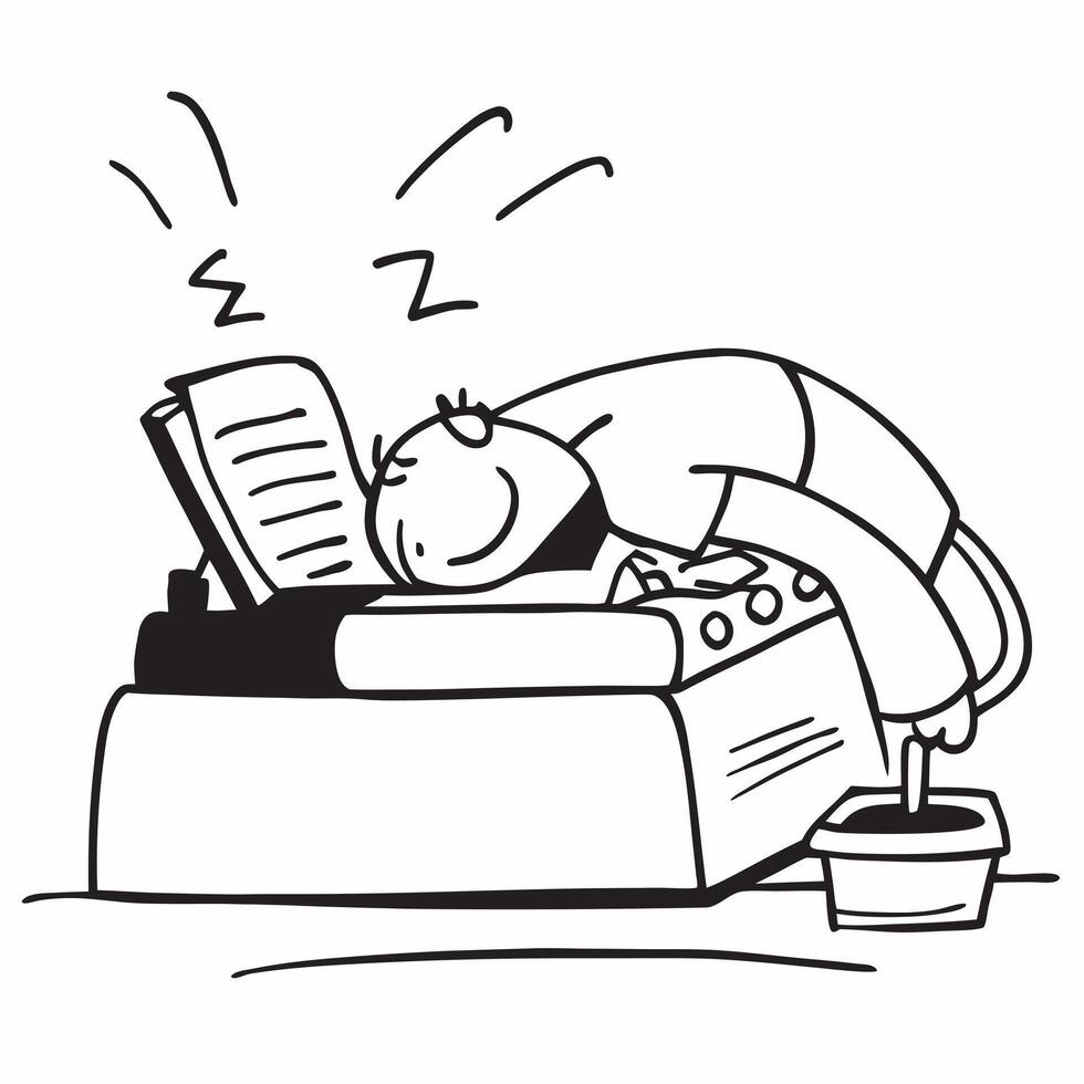 Journalist asleep on typewriter concept as A journalist asleep on their typewriter in a newsroom capturing the demanding nature of deadlines and the dedication to storytelling in v1 vector