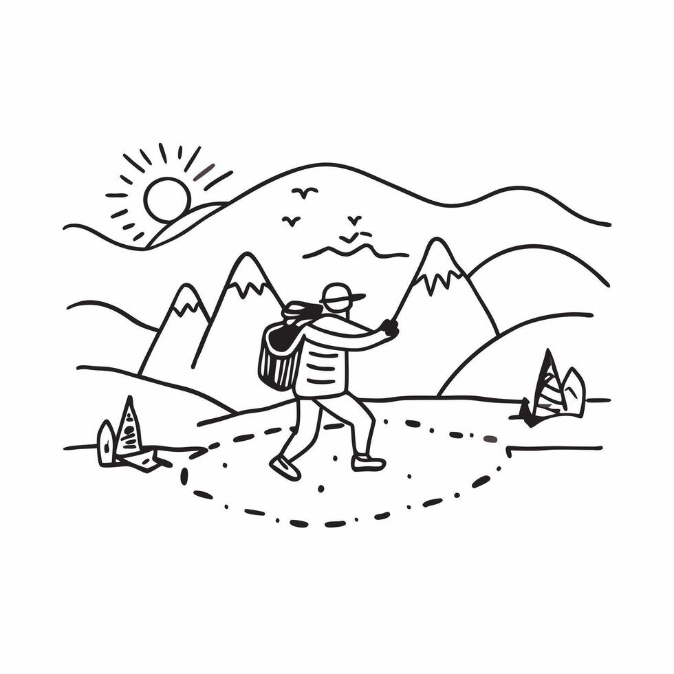 Hiking in mountains concept as A man hiking in the mountains emphasizing the adventure and physical challenge of this popular outdoor hobby in Photo Stock Concept v1 vector
