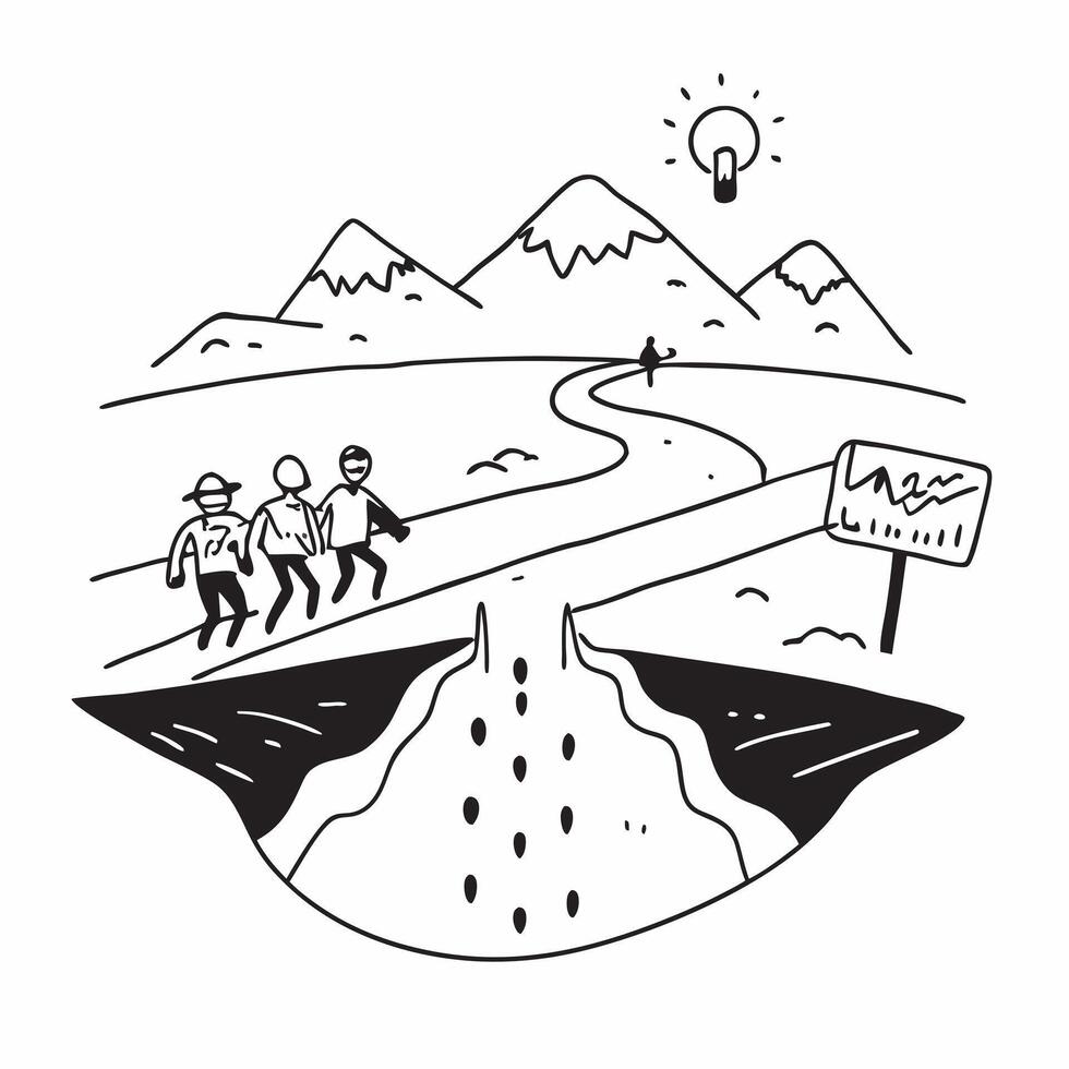 Hiking in the mountains concept as A group of hikers trekking through a scenic mountain trail enjoying the natural beauty and adventure Ideal for content about outdoor activities Clean Version 2 vector