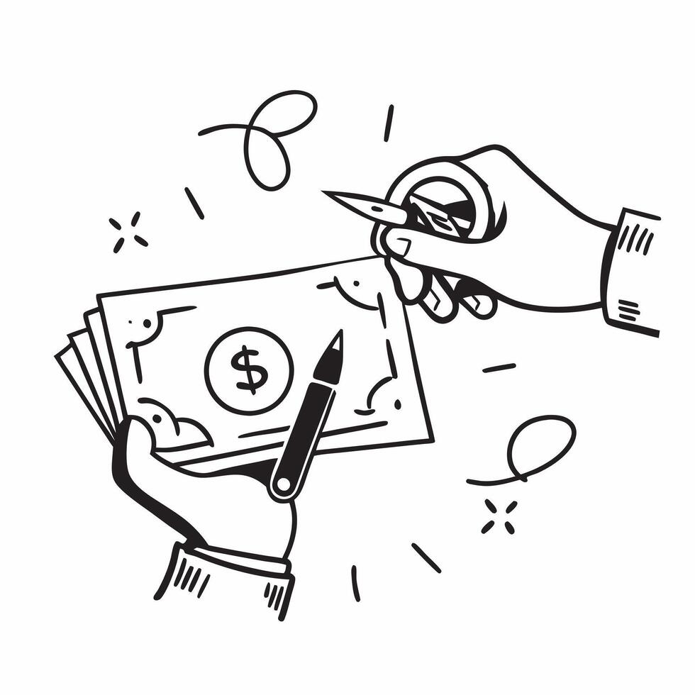 Hands holding a dollar bill with a scissors cutting it concept as Hands holding a dollar bill with scissors cutting it symbolizing budget cuts cost saving and financial discipline v1 vector
