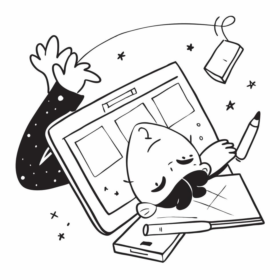 Graphic designer asleep on tablet concept as A graphic designer asleep on their tablet in a creative workspace illustrating the long hours and dedication to producing visual conten v1 vector