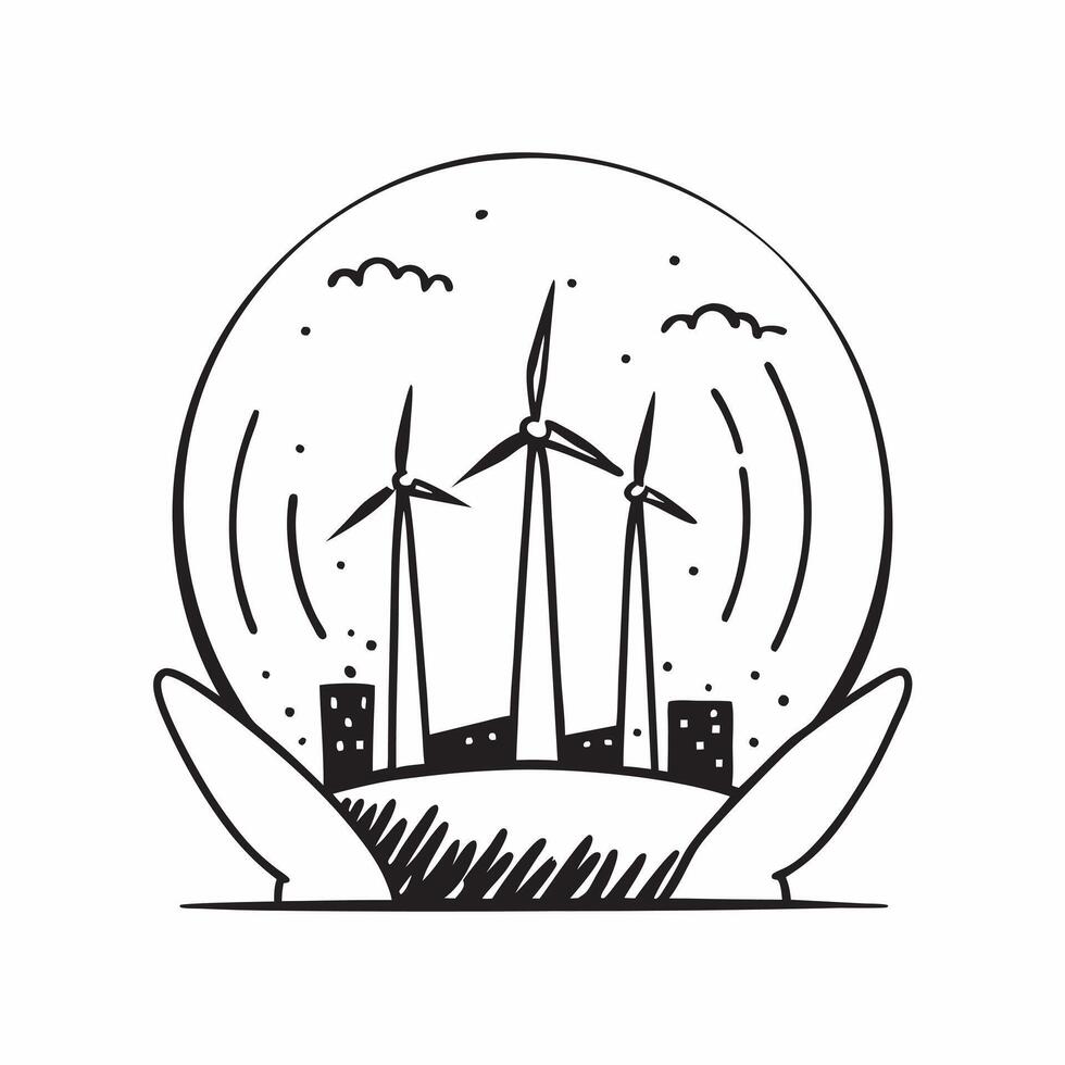 Glossy wind turbines in lush field concept as Glossy image of wind turbines in a vibrant green field under a clear blue sky representing green energy and sustainable solutions for v1 vector