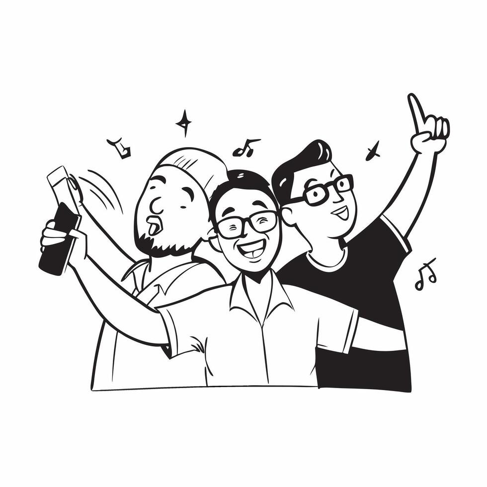Friends taking a selfie at a concert concept as A candid shot of friends taking a selfie at a concert capturing the excitement and energy of live music with natural expressions and v1 vector