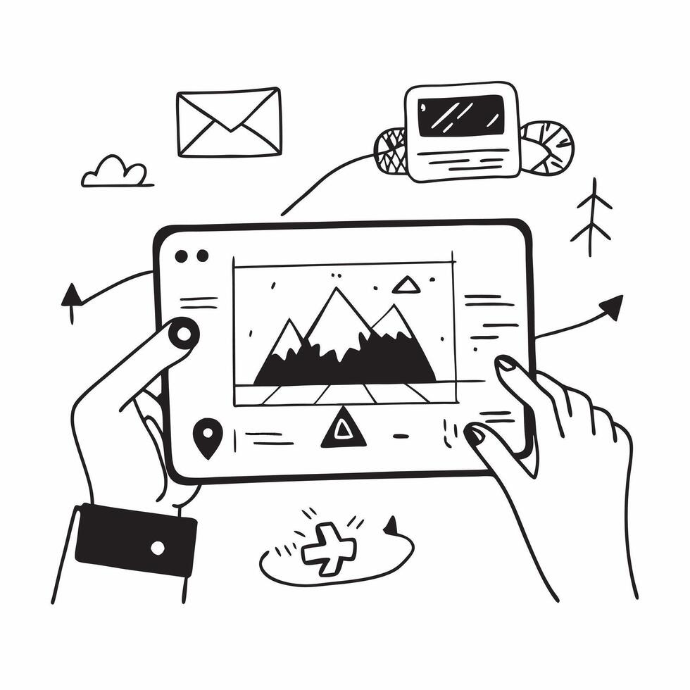 Freelancer editing videos on a tablet at a mountain lodge concept as A freelancer editing videos on a tablet at a mountain lodge showcasing the blend of work and nature with the sc v1 vector