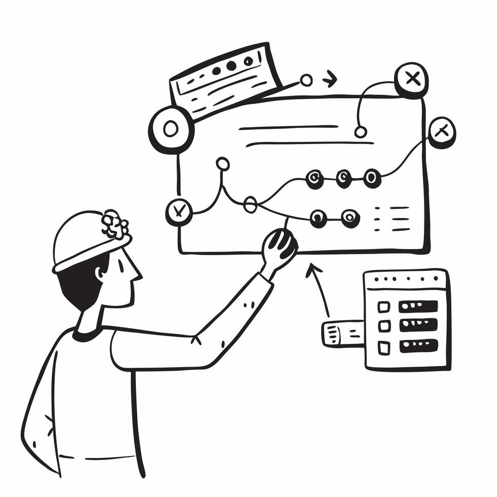 Factory worker using digital control systems concept as A factory worker using digital control systems to manage production lines representing digital transformation in manufacturi v1 vector