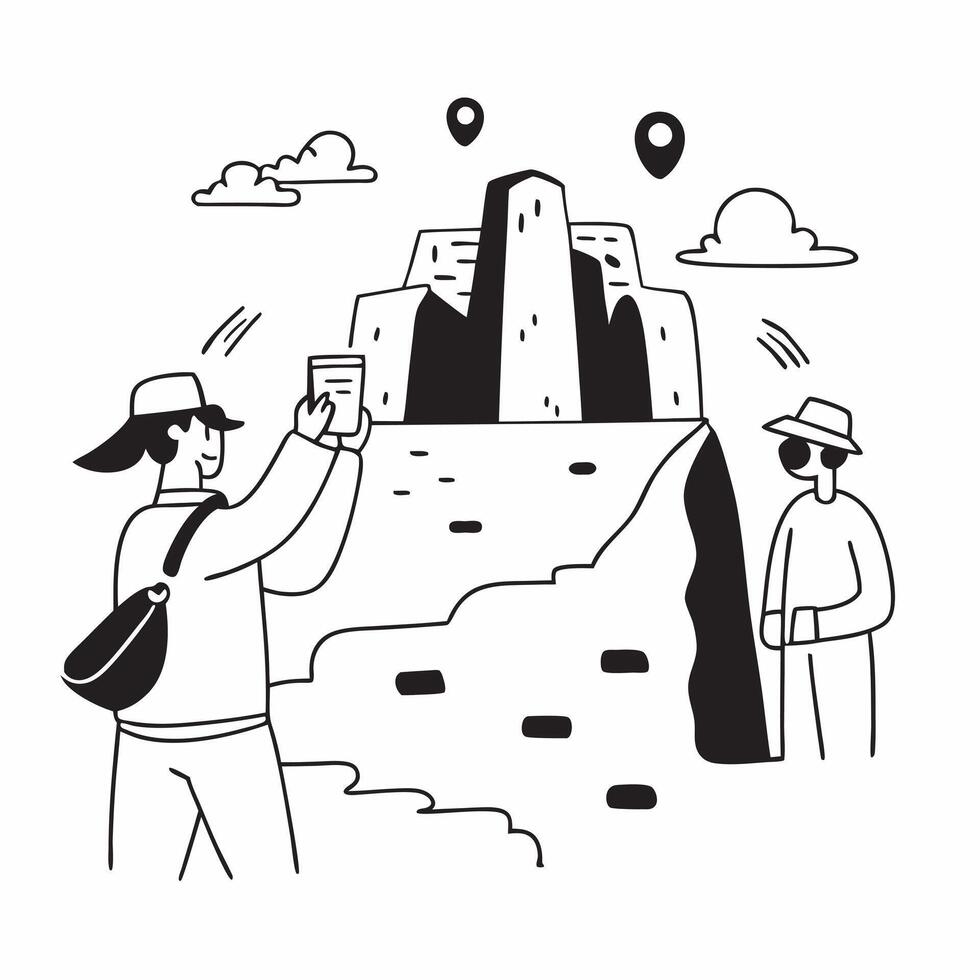 Exploring ancient ruins concept as Tourists exploring ancient ruins taking photos and learning about historical landmarks Ideal for content about history travel and cultural explo v1 vector