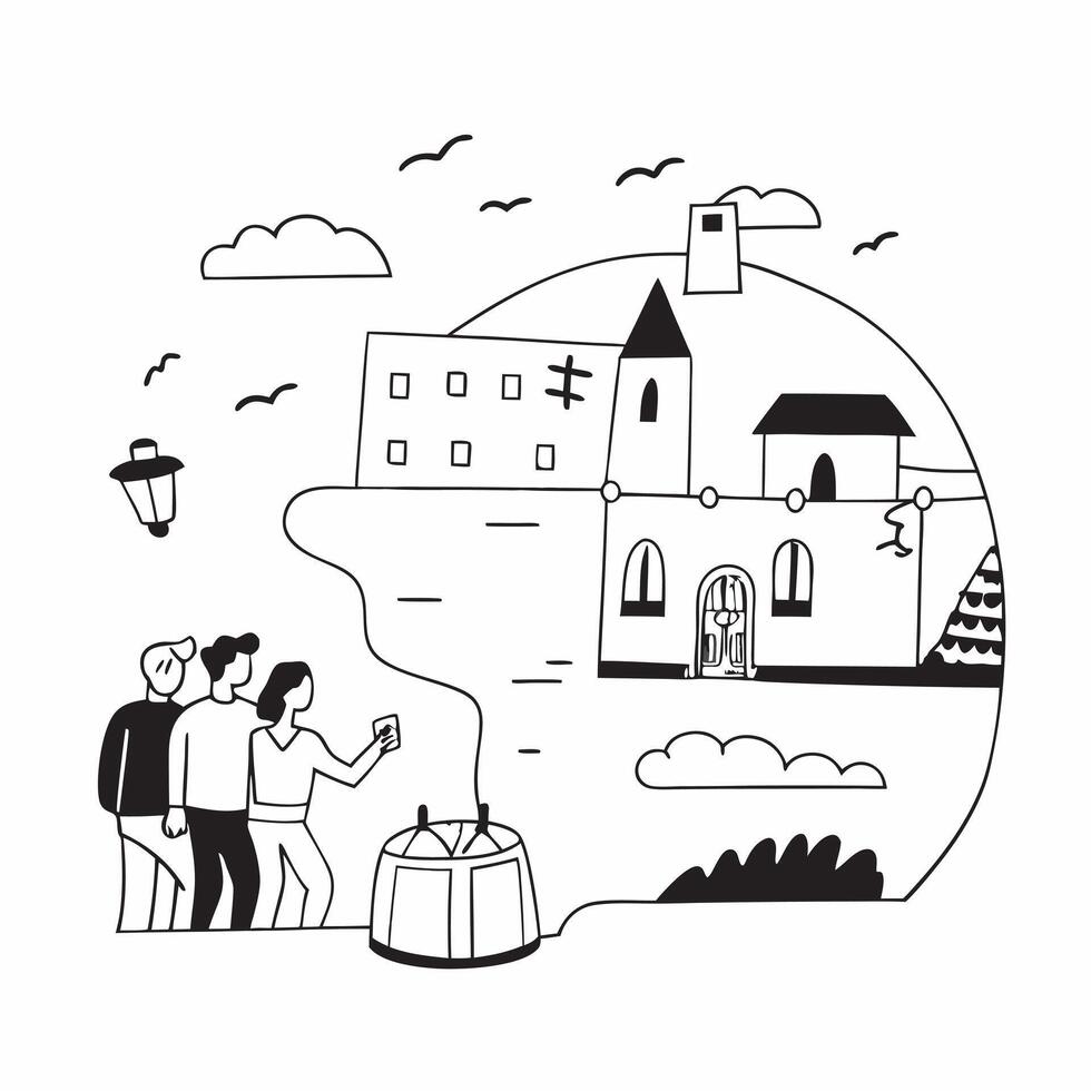 Exploring a coastal town concept as Tourists exploring a charming coastal town visiting shops cafes and enjoying the seaside atmosphere Perfect for content about travel culture an v1 vector