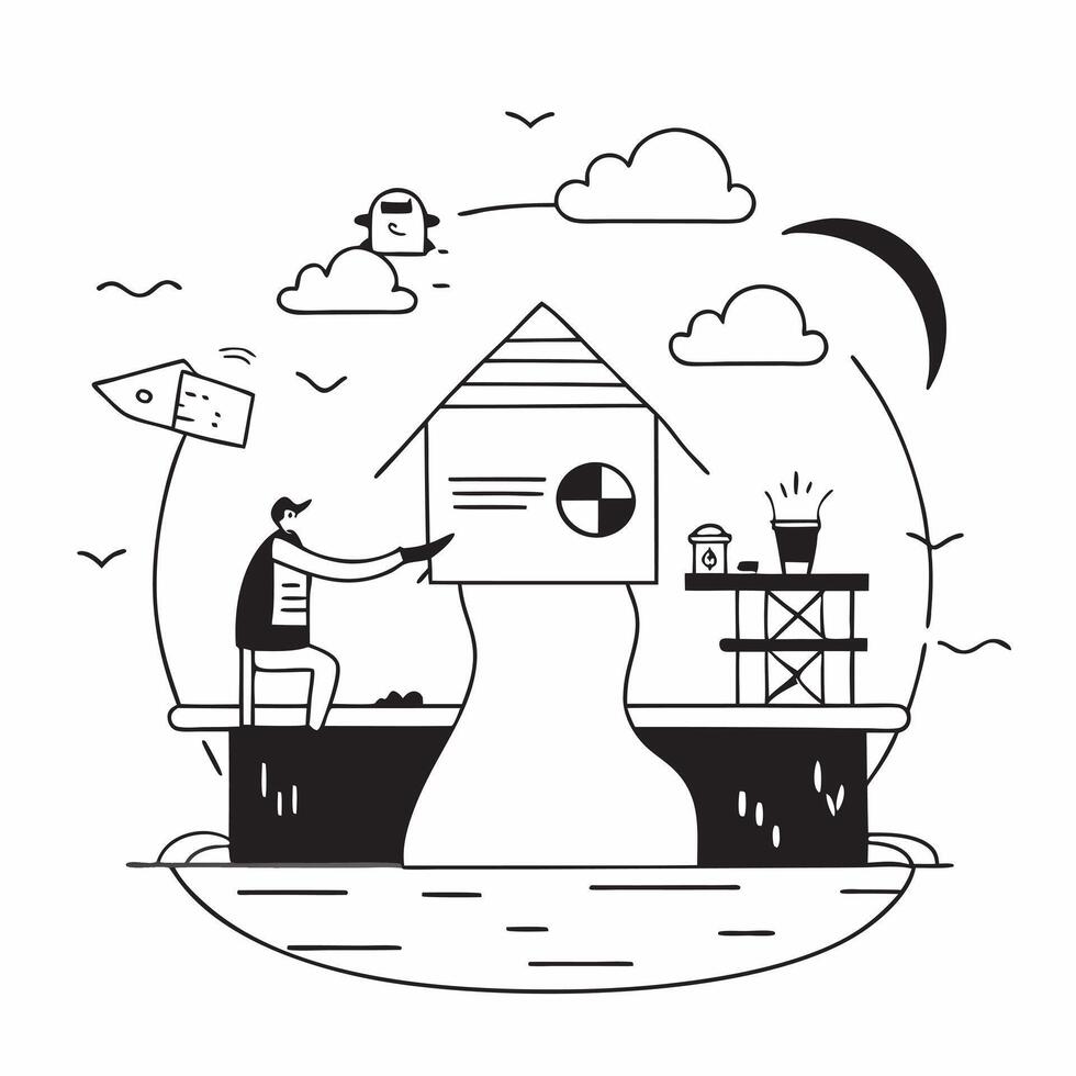 Entrepreneur managing social media from a riverside cabin concept as An entrepreneur managing social media from a riverside cabin highlighting the blend of work and tranquility wit v1 vector