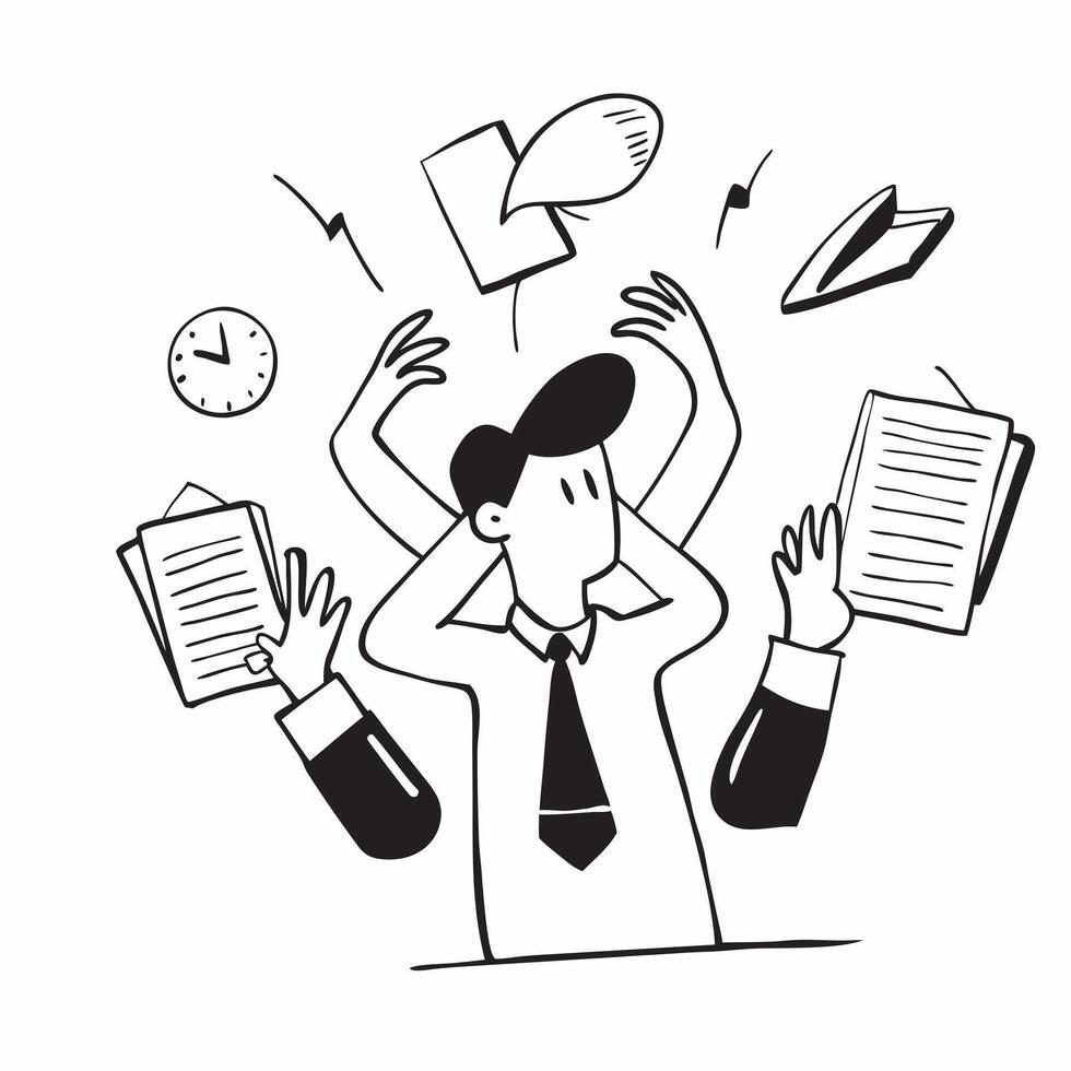 Employee working under pressure concept as An employee working under pressure with multiple tasks representing poor time management and the stress of an overwhelming workload in P v1 vector