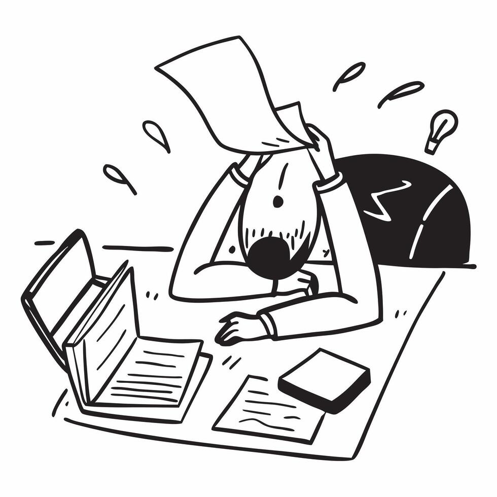 Employee working late with a messy desk concept as An employee working late at a messy desk representing poor time management stress and low performance in meeting deadlines in Ph v1 vector