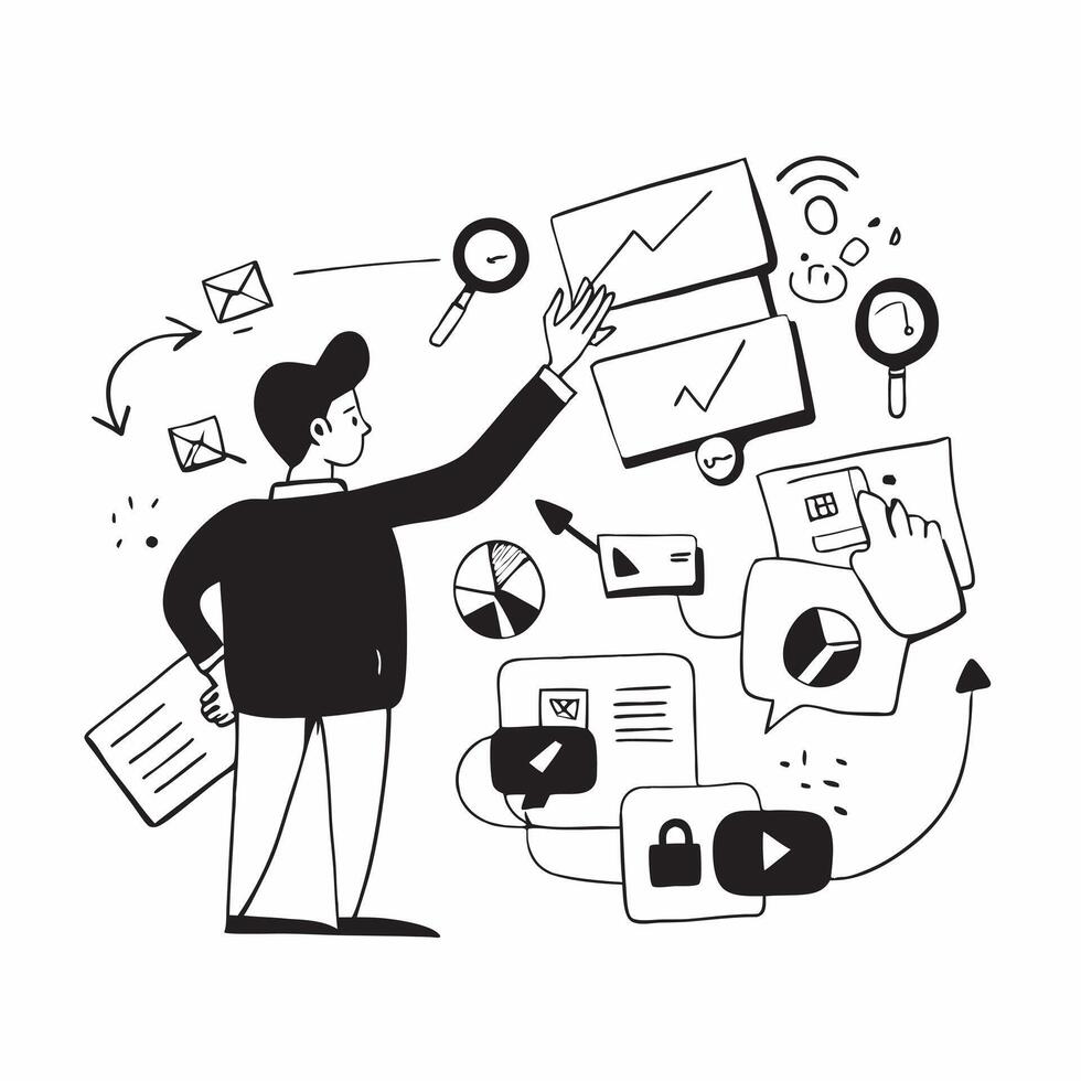 Digital marketer planning social media campaign concept as A digital marketer planning a social media campaign using various digital tools and platforms emphasizing the role of mar v1 vector