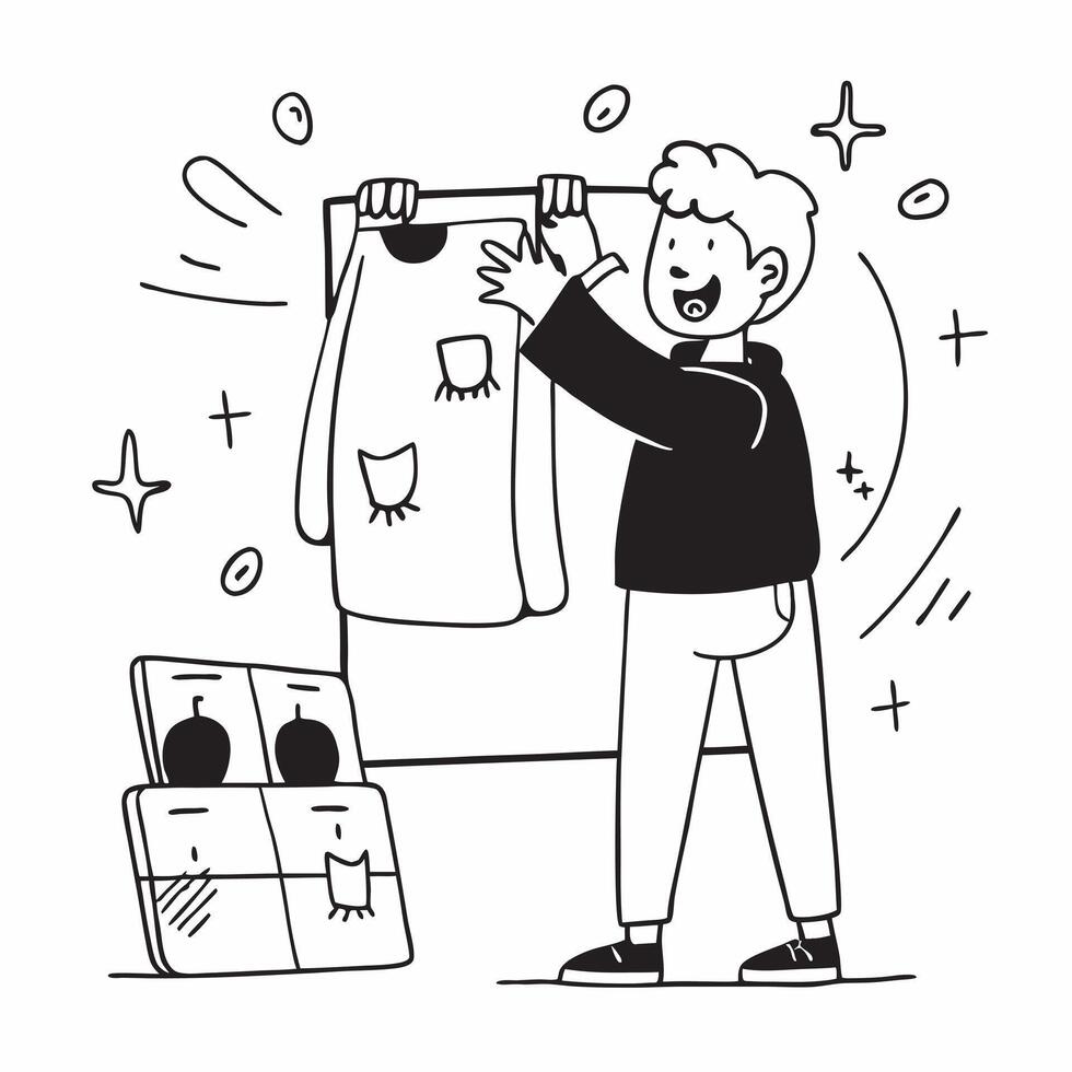 Customer trying on clothes during sale concept as A customer happily trying on clothes in a fitting room during the half year sale showcasing joy satisfaction and shopping experien v1 vector