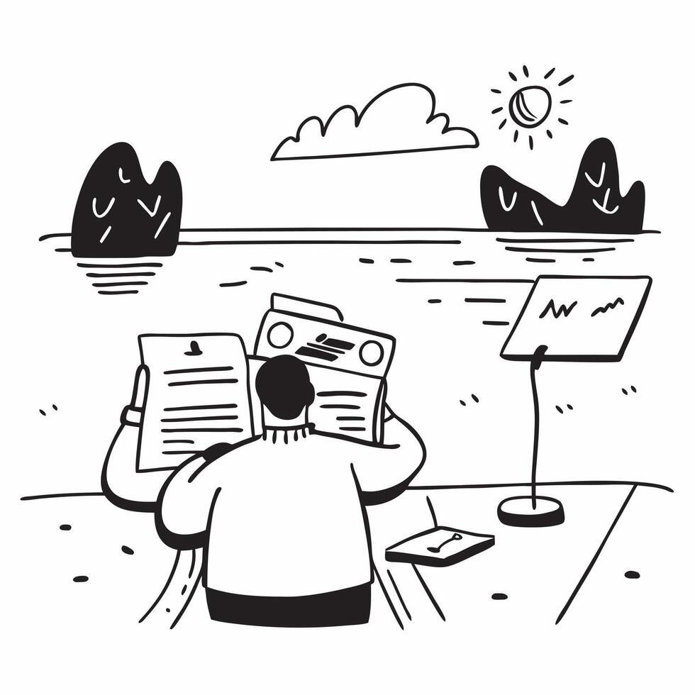 Consultant reviewing documents on a laptop by a lakeside dock concept as A consultant reviewing documents on a laptop by a lakeside dock showcasing the blend of work and leisure wi v1 vector