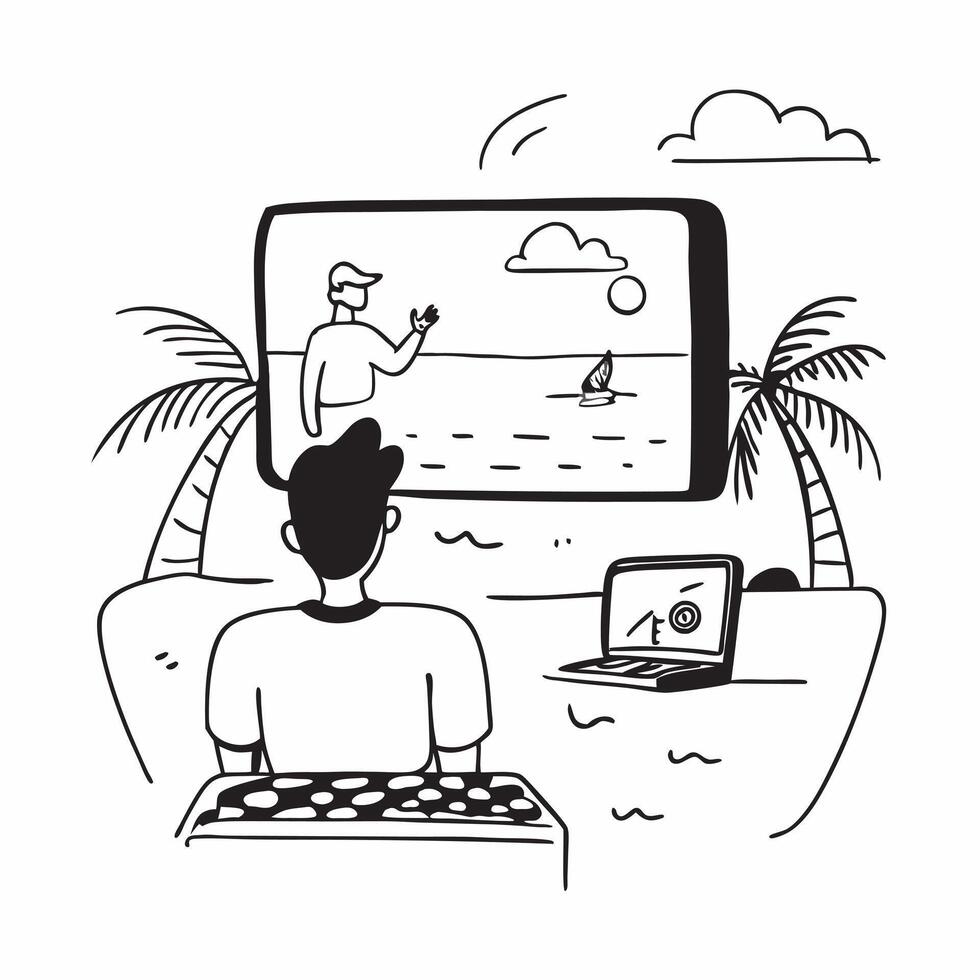 Consultant giving a presentation via call from a beachfront patio concept as A consultant giving a presentation via call from a beachfront patio highlighting the flexib v1 vector