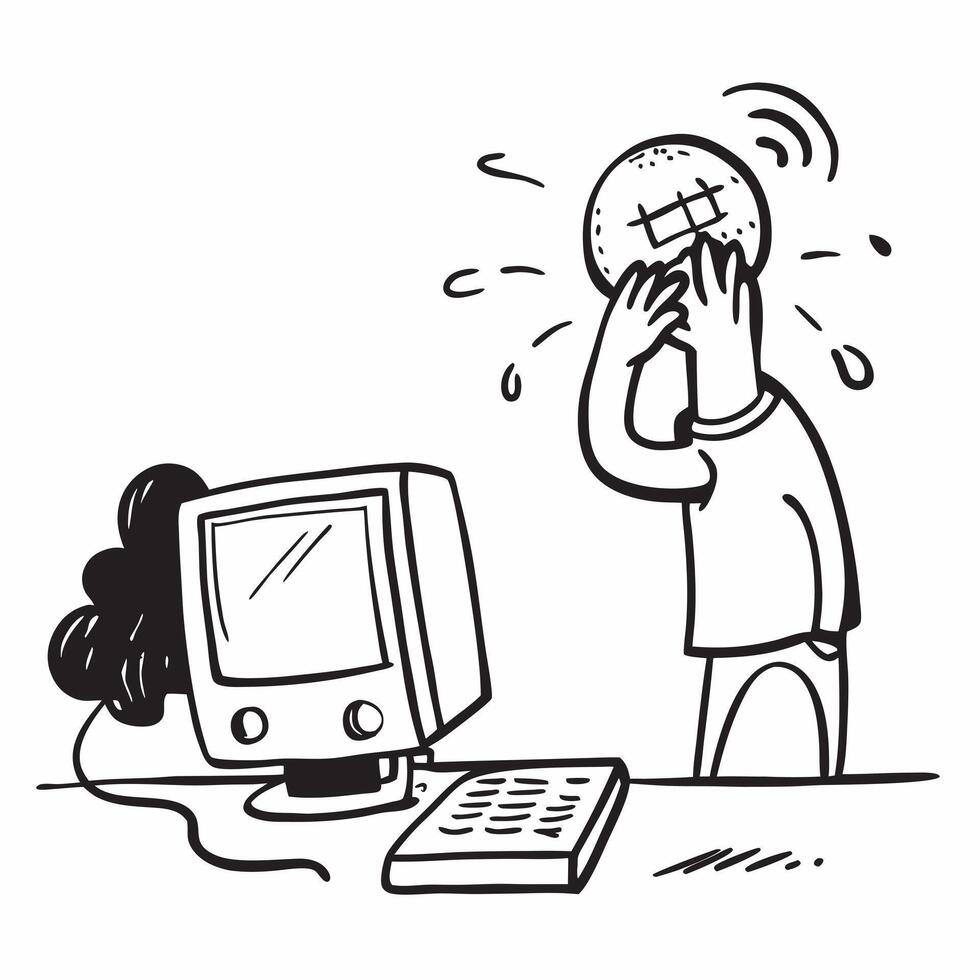 Computer crash concept as An employee frustrated by a computer crash representing a bad day and the challenges of technical issues in the workplace in Photo Stock Concept v1 vector