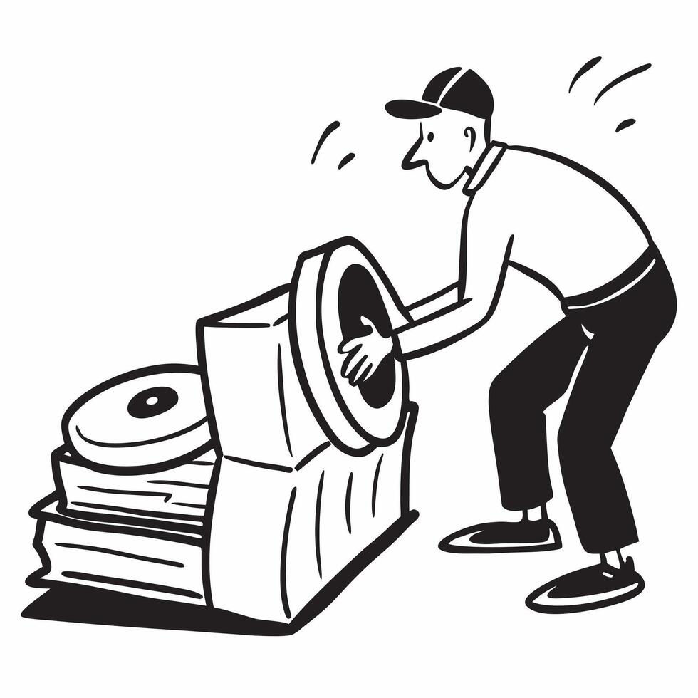 Collecting vintage records concept as A man collecting vintage records showcasing the passion and nostalgia involved in this classic and timeless hobby in Photo Stock Concept v1 vector