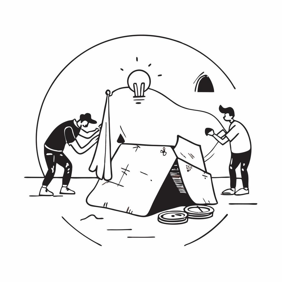 Campers setting up tent concept as High resolution image of campers setting up a tent on a trail with a glossy backdrop capturing the essence of outdoor adventure and teamwork in b v1 vector