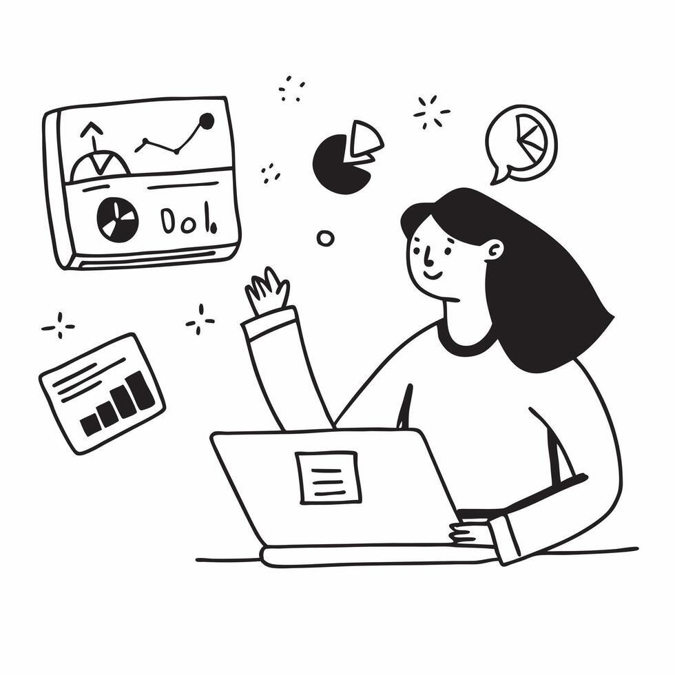 Businesswoman analyzing financial reports on a laptop concept as A businesswoman analyzing financial reports on a laptop emphasizing the importance of data driven decision making a Clean Version 2 vector
