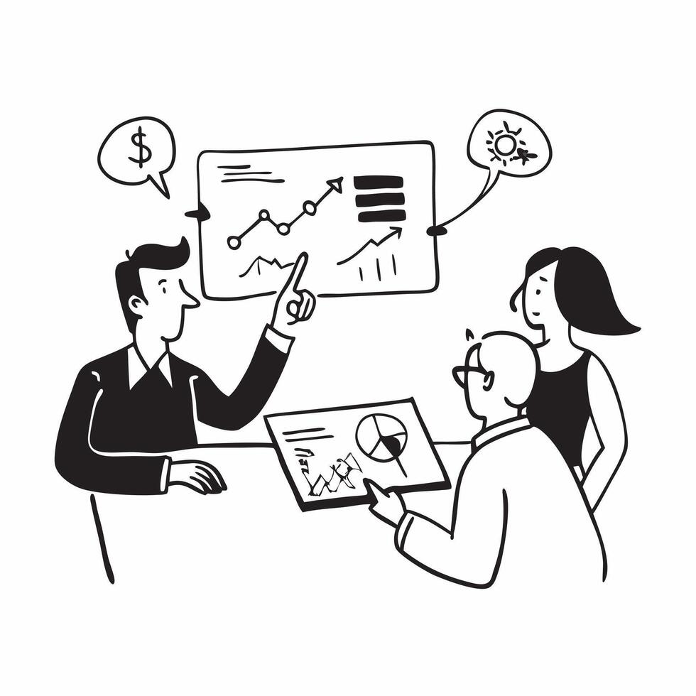 Businesspeople discussing marketing analytics over lunch concept as Businesspeople engaging in a detailed discussion about marketing analytics during a business lunch emphasizing d v1 vector