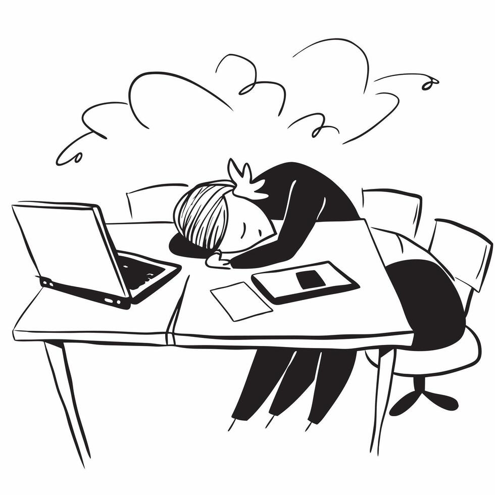 Businesswoman asleep on laptop concept as A businesswoman asleep on her laptop in a conference room showcasing the impact of long meetings and extensive work hours in Photo Stock v1 vector